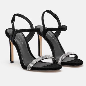 Zara| black velvet sandal with rhinestone strap